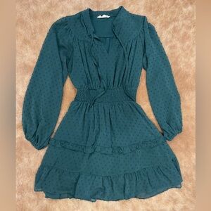 Peach Love California Emerald Green Swiss Dot Smocked Ruffle Tie-Neck Mini Dress